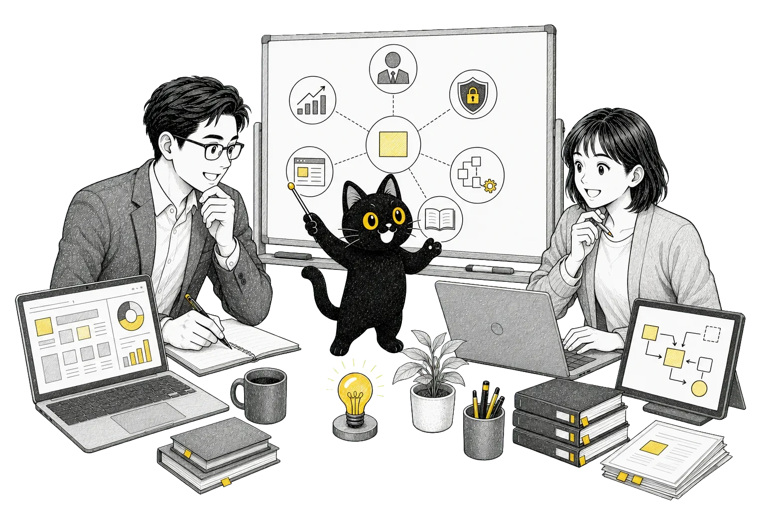 AI Atelierの黒猫アトリ君と、AIで仕事を進める人たちのイラスト